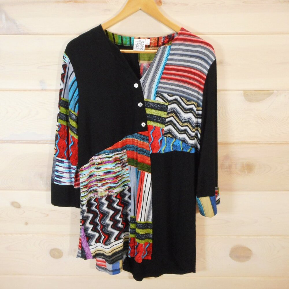 Parsley Sage Women's L Tunic Artsy Top Boho Art-to-Wear Stretch Black Asymmetric